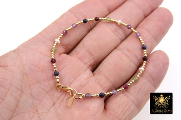 14 K Gold Filled Beaded Gemstone Bracelet, Women's Multi Color Semin Precious Beaded Bracelet, 3 mm Stacking Bracelet, Hand Made With Lobster Clasp